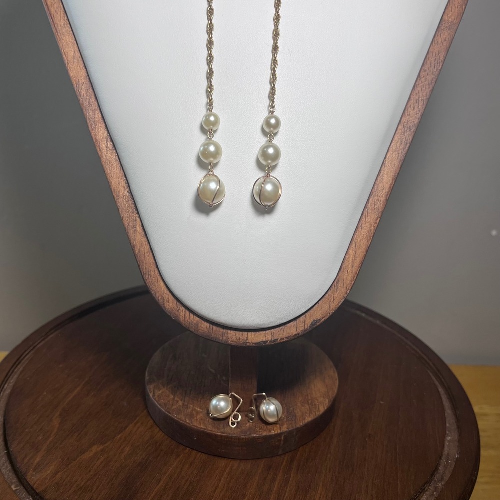 Vtg Hillcraft Gold Tone Caged Faux Pearl Necklace Earring Set Boxed 28 Inch